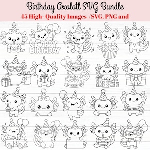 Cute birthday Axolotl, cute axolotl png, axolotl svg, birthday clipart ,svg bundle, svg files, svg cricut, doodle, lineart, outline svg