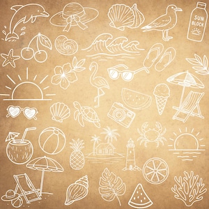Pu&ograve; includere: Disegni a tratto bianco su sfondo marrone, raffiguranti icone estive e balneari. Include un delfino, un cappello, conchiglie, un gabbiano, onde, occhiali da sole, un fenicottero, un'anguria, un gelato e una sedia a sdraio.