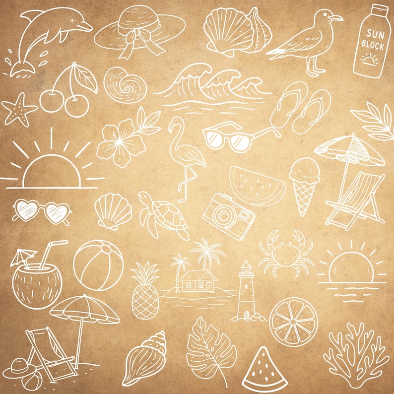 Pu&ograve; includere: Disegni a tratto bianco su sfondo marrone, raffiguranti icone estive e balneari. Include un delfino, un cappello, conchiglie, un gabbiano, onde, occhiali da sole, un fenicottero, un'anguria, un gelato e una sedia a sdraio.