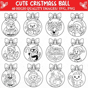 May include: Black and white line art illustrations of Christmas ornaments. Each ornament features a different holiday character or design, including Santa Claus, a snowman, and a penguin. The text "CUTE CRISTMASS BALL" is at the top.