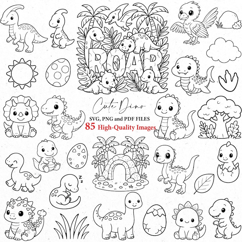 May include: Black and white illustrations of various dinosaurs, eggs, trees, and a sun. The word "ROAR" is displayed in large letters. Text reads "Cute Dino" and "85 High-Quality Images."