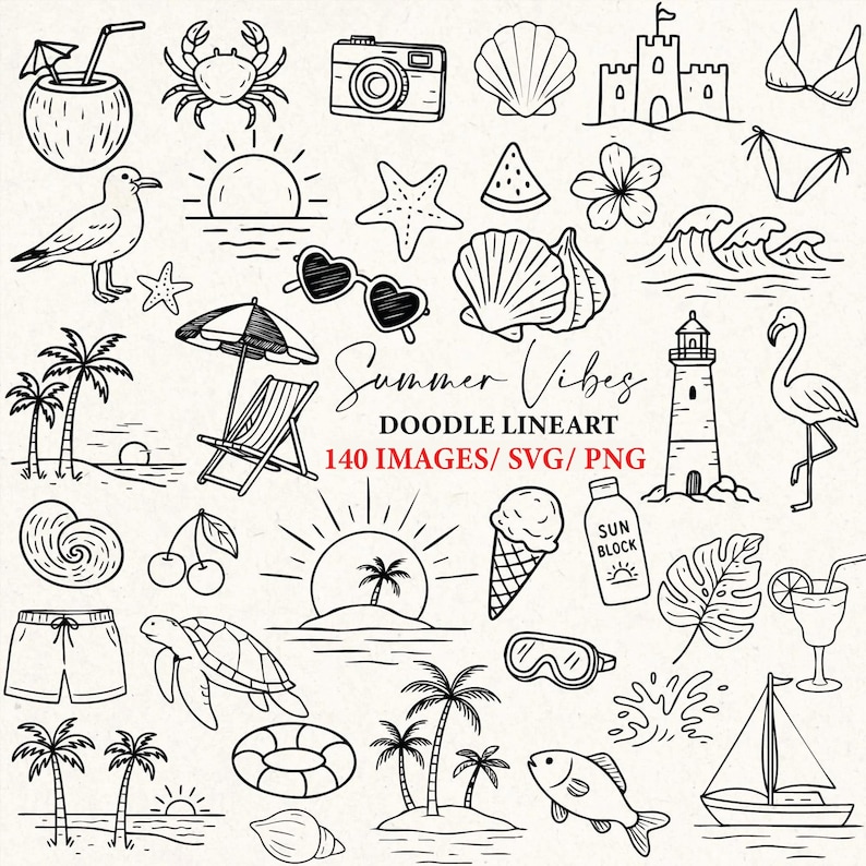 Pu&ograve; includere: Doodle art in bianco e nero con illustrazioni a tema estivo. Include una macchina fotografica, conchiglie, un castello di sabbia, occhiali da sole, una sedia a sdraio, palme, un fenicottero e il testo "Summer Vibes".