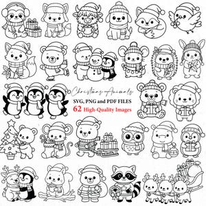 May include: Black and white digital illustrations of Christmas animals, including a sloth, fox, bear, dog, penguin, and more. The text reads "Christmas Animals" and "62 High-Quality Images."