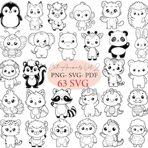 May include: A set of 63 black and white SVG cut files featuring cute cartoon animals. The animals include a penguin, a fox, a pig, a monkey, a lion, a skunk, a hippopotamus, a giraffe, a panda, a bunny, a tiger, a bear, a unicorn, a dragon, a dinosaur, a sheep, a monkey, a goat, and a butterfly.