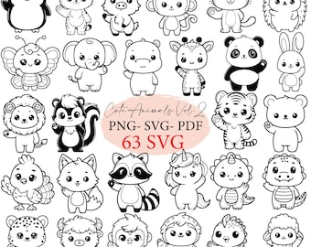 Niedliche Waldtiere winken, SVG-bundle, Safari SVG, Doodle svg, Safari svg, Waldtiere png, Kawaii Tiere Clipart, Tiere Umriss
