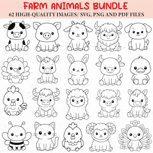 Puede incluir: Una colección de 20 ilustraciones de dibujos animados en blanco y negro de animales de granja, incluyendo una vaca, un cerdo, una cabra, un perro, un pavo, un burro, un conejo, un toro, un pato, una gallina, una oveja, una abeja, un gato y un pavo real. El texto "FARM ANIMALS BUNDLE" está en la parte superior.