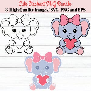 Può includere: Simpatico pacchetto SVG di elefanti con tre immagini di alta qualità. Le immagini mostrano un elefante dei cartoni animati che tiene un cuore e indossa un fiocco, sia in contorno che in varianti di colore. Il testo in alto recita "Cute Elephant SVG Bundle".