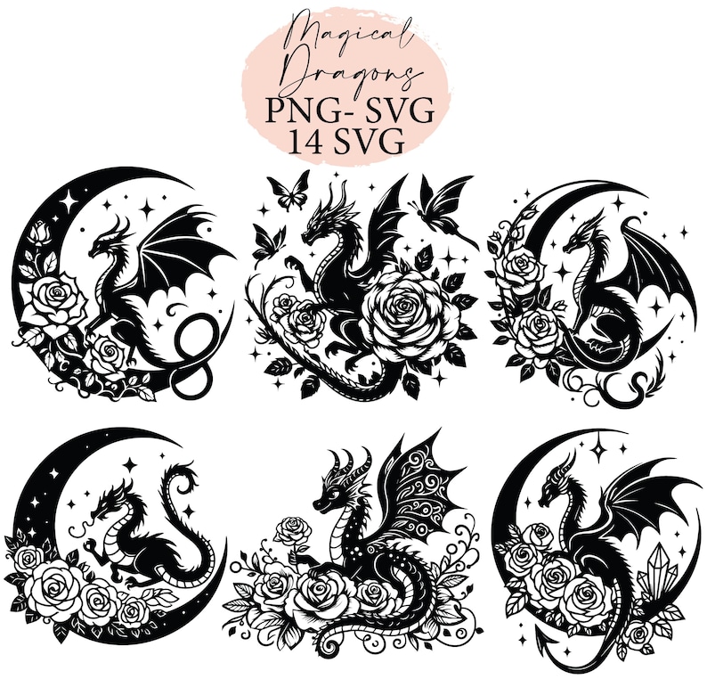 Puede incluir: Conjunto de seis archivos de corte SVG en blanco y negro con dragones con rosas y lunas crecientes. El texto "Magical Dragons PNG-SVG 14 SVG" est&aacute; en la parte superior de la imagen.
