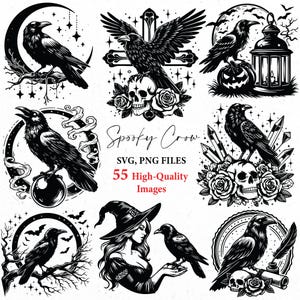 Puede incluir: Ilustraciones en blanco y negro de cuervos, calaveras, rosas y una bruja. Incluye el texto "Spooky Crow" y "55 High-Quality Images". Las imágenes están en formatos SVG y PNG.