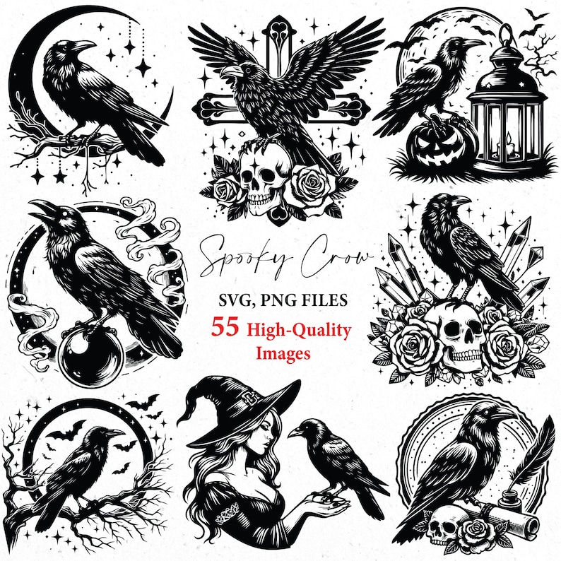 Pu&ograve; includere: Illustrazioni in bianco e nero con corvi, teschi, rose e una strega. Il testo "Spooky Crow" e "55 High-Quality Images" sono inclusi. Le immagini sono in formati SVG e PNG.