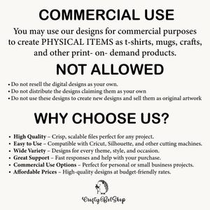 May include: A digital information graphic with black text on a light background. It outlines commercial use policies for designs, stating that physical items like t-shirts and mugs are allowed, while reselling digital files is not. It includes a list of reasons to choose the shop and a small hedgehog logo with the text Crafty Bel Shop at the bottom.