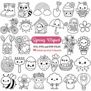 May include: Black and white spring clipart with illustrations of a raccoon with a strawberry, a rainbow, a birdhouse, a gnome, a flower, and the text "Spring Clipart". The image includes 90 high-quality images.