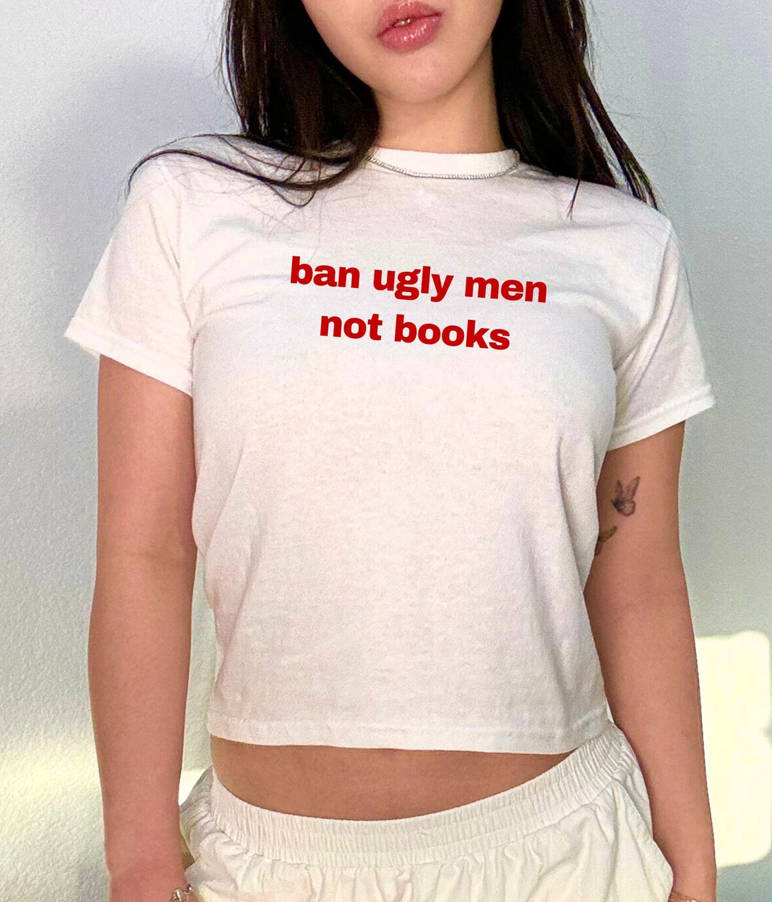 Ban Ugly Men Baby Tee, Democrat Y2k Activist Tee, Biden Democrat Baby