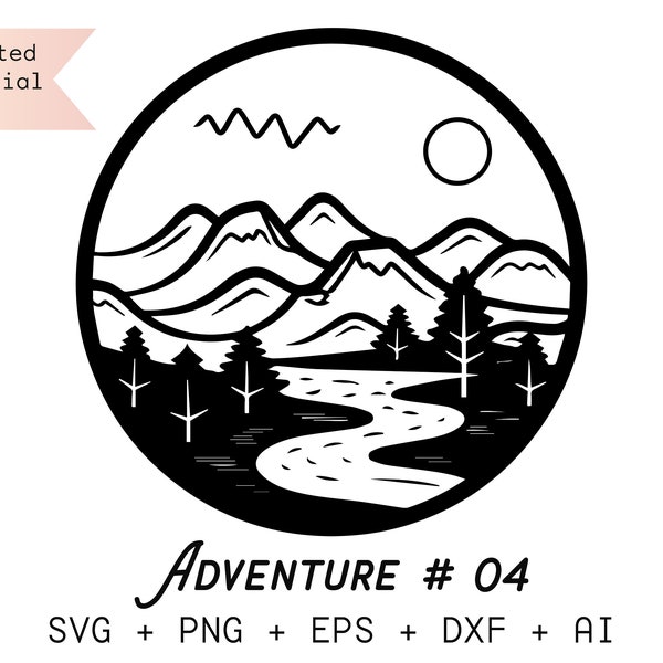 Mountain Round SVG | Adventure Sign | Nature Logo Design | Landscape Clipart | Laser Cut File | Vector | Files for Cricut | Circular PNG EPS