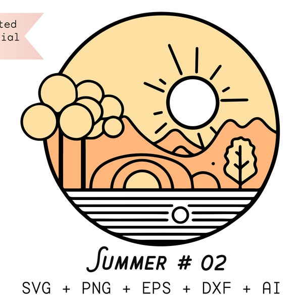 Summer Round SVG | Sunny Mountains Sign | Nature Logo Design | Landscape Clipart | Laser Cut File | Vector | Files for Cricut | Circular PNG