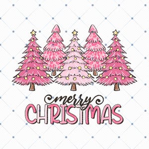May include: A graphic featuring five pink Christmas trees with gold star toppers and yellow ornaments. The phrase "merry CHRISTMAS" is written in a script font below the trees. The background is white with a subtle diamond pattern.