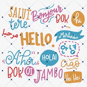 Może przedstawiać: Kolorowe ręcznie pisane słowa w różnych językach, w tym "Salut", "Bonjour", "Bok", "Hello", "Merhaba", "Annyeong", "Hola", "Ciao", "Oi", "Jambon" i "Hei Hei".