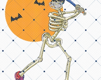 May include: A cartoon illustration of a skeleton in a baseball uniform, swinging a bat. The skeleton wears a blue helmet and catcher's mask. An orange moon with bats in front of the skeleton completes the Halloween theme.