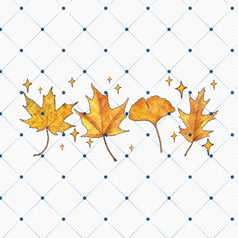 May include: Watercolor illustration of four autumn leaves in shades of yellow and orange, with brown stems. The leaves are surrounded by golden starbursts on a white background with a blue diamond grid pattern.