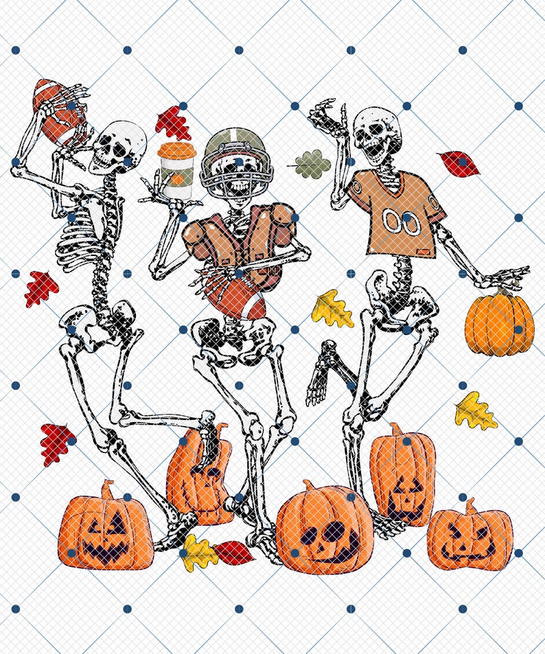K&ouml;nnte beinhalten: Illustration von drei Skeletten, die American Football spielen, mit Helmen und Trikots. Die Skelette sind von orangefarbenen K&uuml;rbissen und Herbstbl&auml;ttern umgeben. Ein Skelett h&auml;lt einen Football, ein anderes eine Kaffeetasse und das dritte einen K&uuml;rbis.