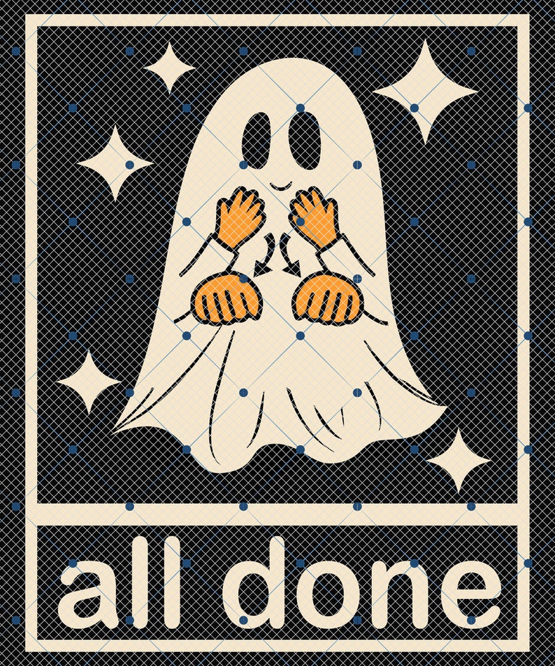May include: A vintage-style graphic featuring a friendly ghost with orange hands and arms, surrounded by stars on a black background. The text "all done" is displayed at the bottom in a bold, sans-serif font. The design has a retro, Halloween theme.