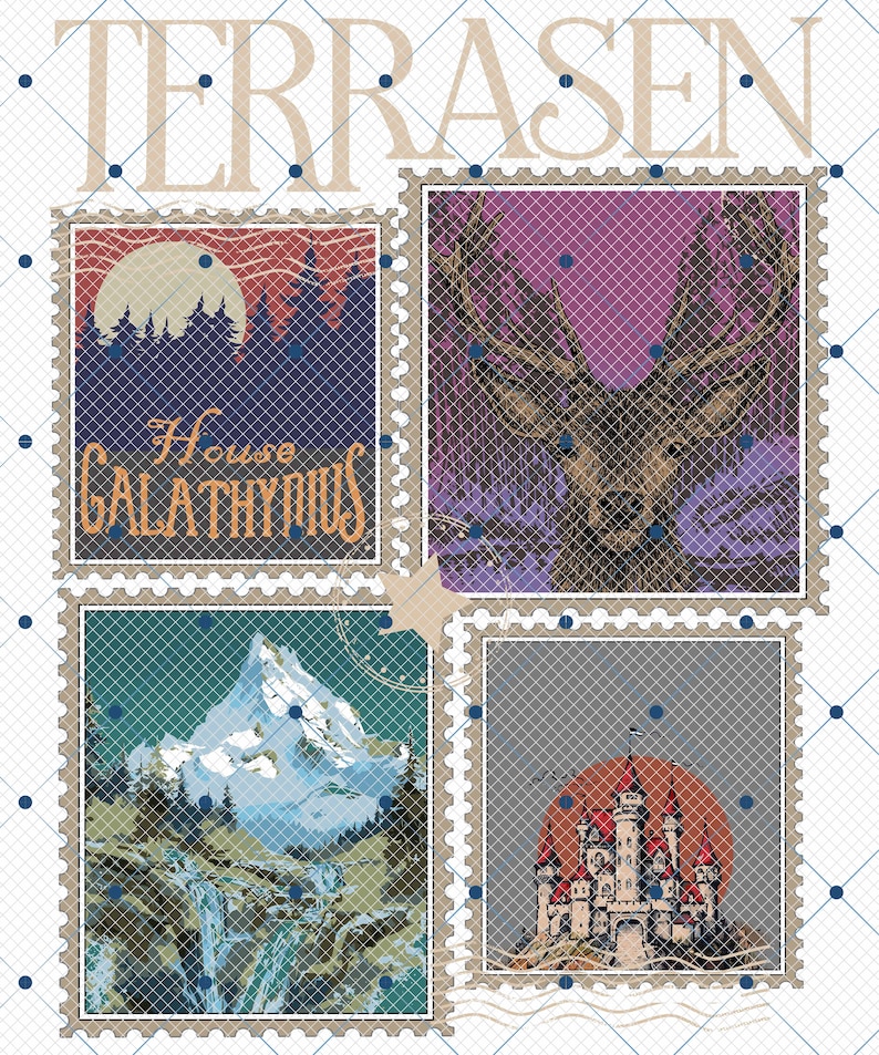May include: Four vintage postage stamps with different illustrations. The top left stamp features a forest scene with a full moon and the text "House Galathynius". The top right stamp shows a deer with large antlers in a purple forest. The bottom left stamp depicts a snow-capped mountain with a waterfall. The bottom right stamp shows a castle with red roofs and a flag on top.