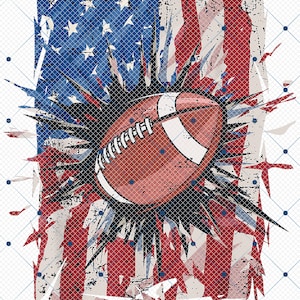 May include: A distressed graphic featuring a rugby ball superimposed over a stylized American flag. The flag's red and white stripes are visible, along with blue stars. The rugby ball is brown with white stripes and laces, suggesting a sports theme.