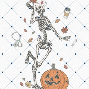 May include: A Halloween illustration depicts a skeleton in a nurse's cap, holding a leaf, and dancing near a carved pumpkin. A stethoscope, coffee cup, syringe, and autumn leaves are also included. The background has a grid pattern.