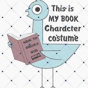 Op de afbeelding: Een cartoon illustratie van een blauwe duif die een boek vasthoudt met de titel "HOW TO DRIVE A BUS". De duif heeft een groot oog en draagt een kostuum. Tekst boven de duif luidt "This is MY BOOK Character costume."