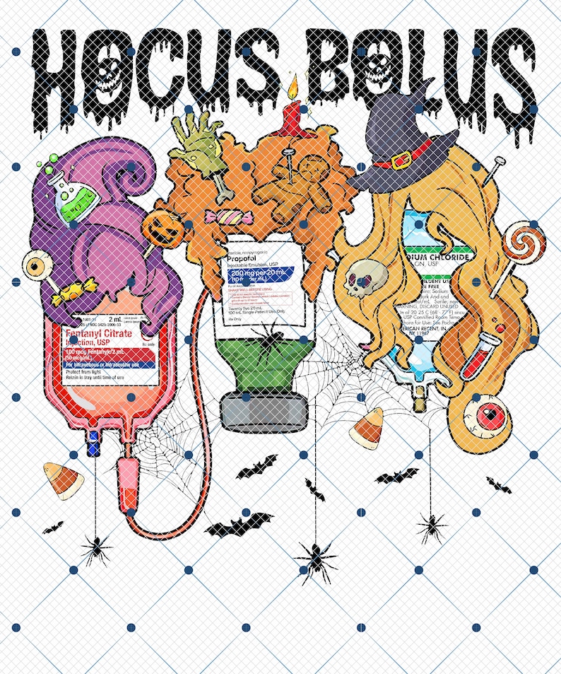 May include: A Halloween-themed graphic with the text "Hocus Bolus." The design features cartoon illustrations of medical supplies, a witch's hat, spiders, bats, and candy corn. The image includes text related to medical solutions.