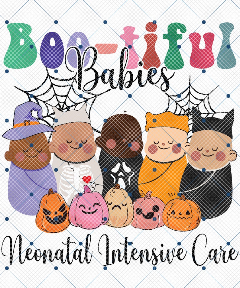 Op de afbeelding: Een kleurrijke afbeelding met de woorden "Boo-tiful Babies" boven illustraties van baby's in Halloween-kostuums. Onder de baby's staan ​​lachende pompoenen. De tekst "Neonatal Intensive Care" staat onderaan.