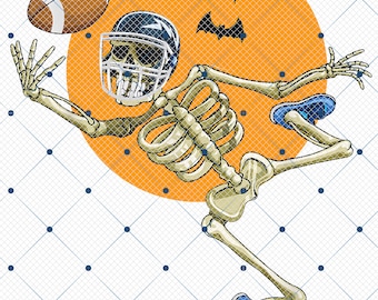 May include: A graphic illustration of a skeleton wearing a dark blue football helmet and blue sneakers, reaching for a brown football. The background features a large orange circle with three black bat silhouettes and a grid of blue dots.