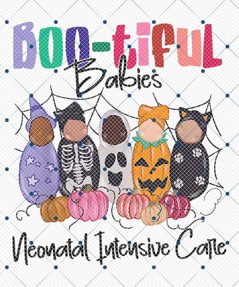 May include: Boo-tiful Babies Neonatal Intensive Care. Five baby dolls dressed in Halloween costumes, including a witch, skeleton, ghost, pumpkin, and a black cat. The dolls are surrounded by pumpkins.
