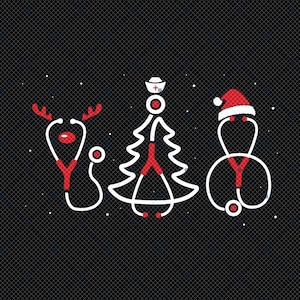 May include: Three white outlines of a stethoscope, each with a different holiday theme. The first is a reindeer with red antlers and a red nose. The second is a Christmas tree with a red star on top. The third is a snowman with a red Santa hat.