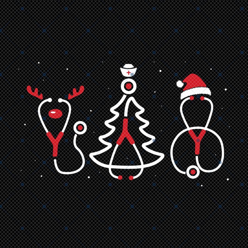 May include: Three white outlines of a stethoscope, each with a different holiday theme. The first is a reindeer with red antlers and a red nose. The second is a Christmas tree with a red star on top. The third is a snowman with a red Santa hat.