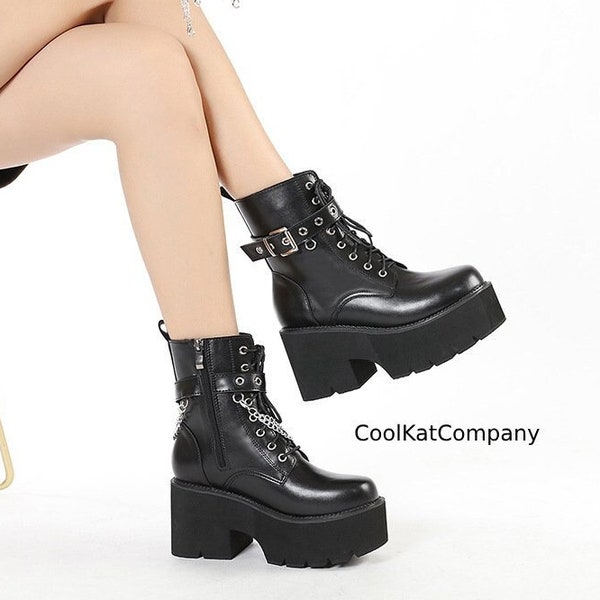 Doc Martens Boots Bottes à plateforme en cuir, Chaussures y2k en cuir noir Cadeau pour le style de mode Punk Rocker