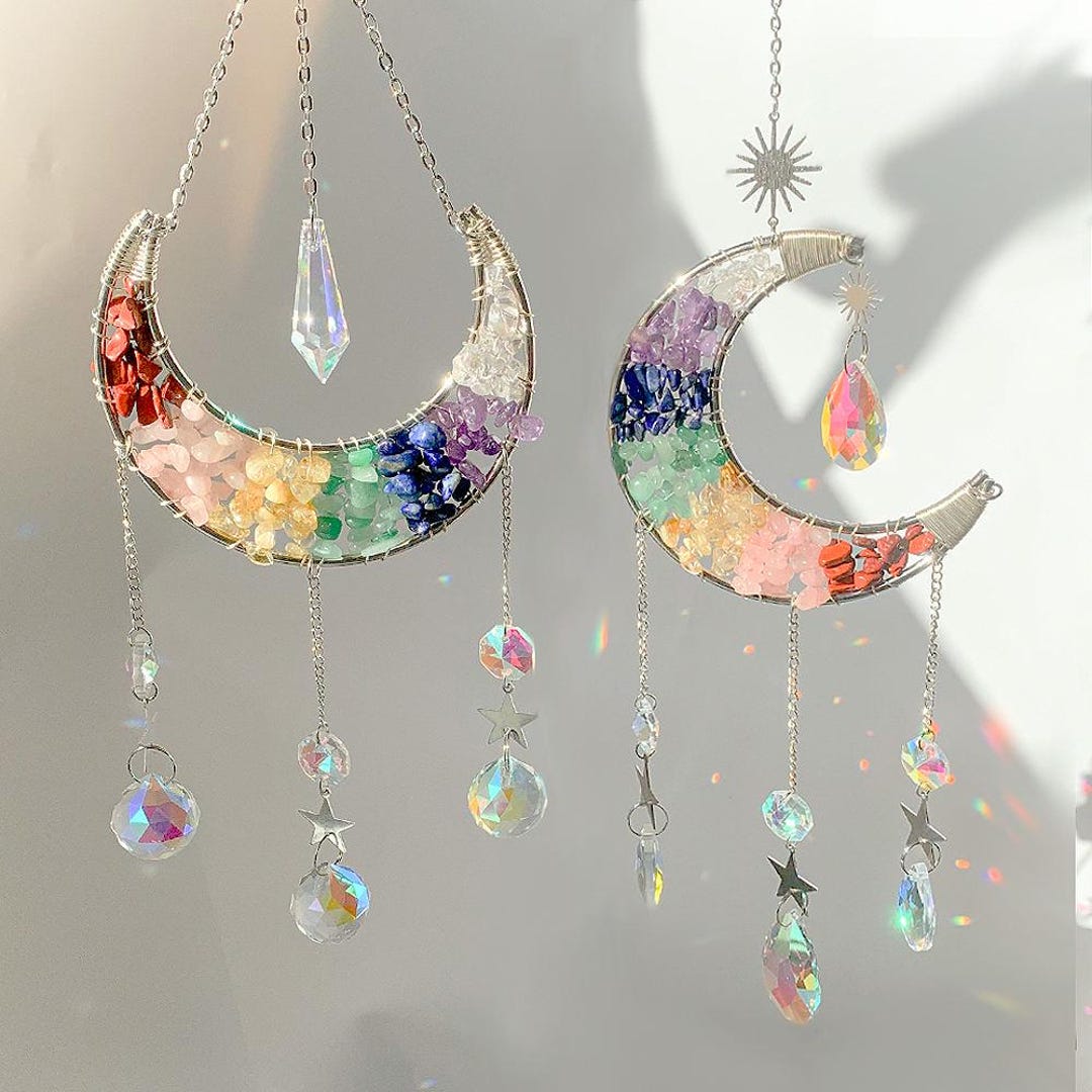Rainbow Chakra Crystal Moon Suncatcher – Bohemian Prism Window Decor - Etsy