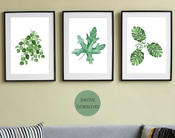 Green Leaves Wall Art, Printable Set Of 3, Botanical Wall Art, Modern Home Decor, Leaf Wall Decor, Minimalist Leaf Print, Digital Download