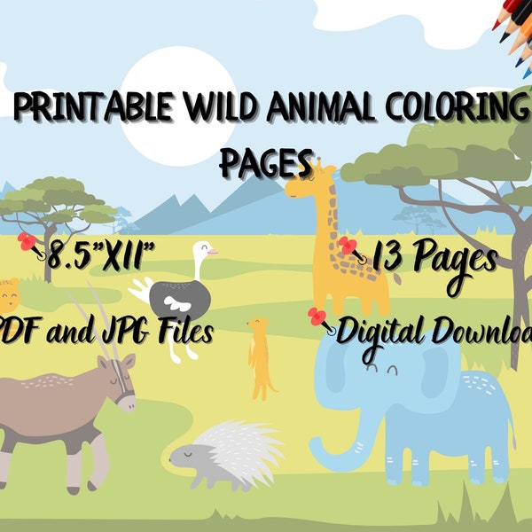 Wild Animal Coloring Pages for Kids, Digital Coloring Book, Digital Printable, Boys And Girls, 8x11 inc, PDF and JPG Files, 13 Coloring Page