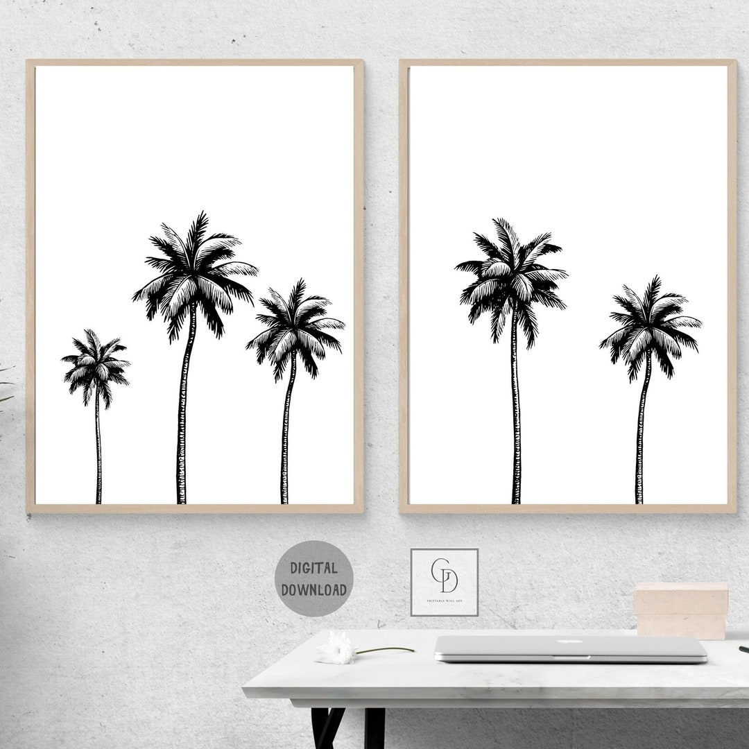 Palm Tree Wall Art, Black and White, Print Set of 2, Palm Line Art ...