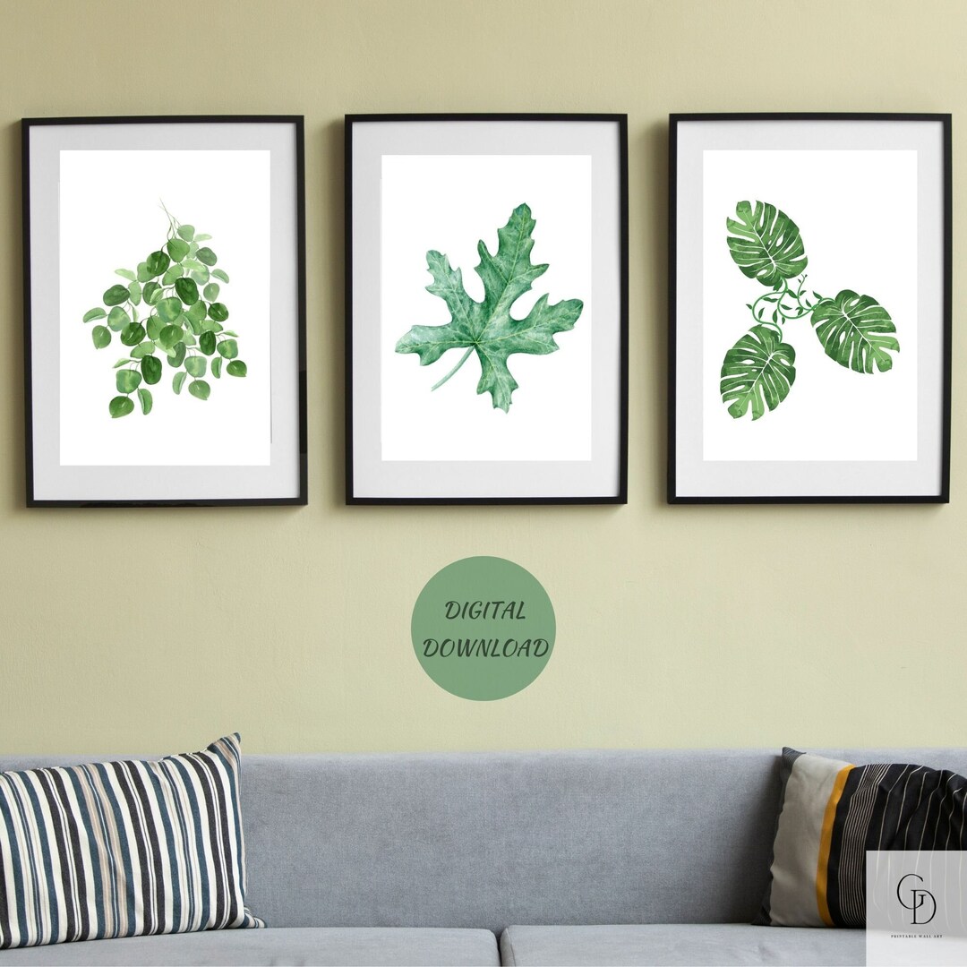 Green Leaves Wall Art, Printable Set of 3, Botanical Wall Art, Modern