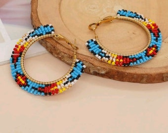 Glass Rice Beads Earrings, Ethnic Style Hoop Earrings, Southwestern Style Hoops, Bead Crochet Hoops, Ethnic Beadwork Earrings Gift for Her