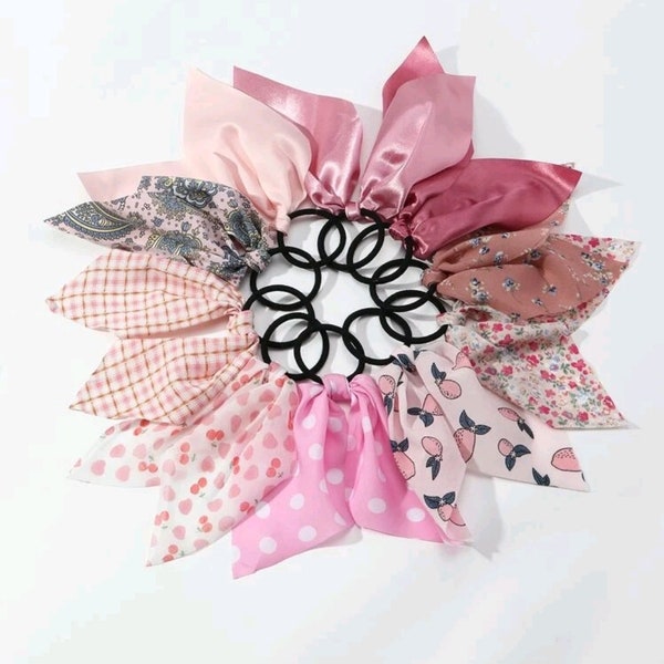 Floral Pattern Scarf Hair Tie Variety Pack, Hair Bows, Pony Tail Bow Grab Bag, Single Hair Bows, Hair Ties for Women, Gift for Her 10 Pack