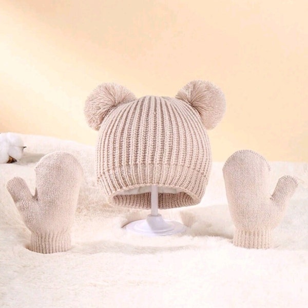 3 Piece Kids' Knitted Hat & Gloves Set With Cute Double Ball Design, Unisex, Autumn Winter Christmas Gifts Birthday Gifts