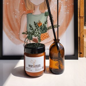 Può includere: Un barattolo di vetro marrone con un coperchio nero che contiene una candela. La candela è etichettata "Wish's Atelier" e "Hidden Sandal Wood". Il barattolo è appoggiato su un tavolo accanto a una bottiglia di vetro marrone con un bastoncino diffusore.