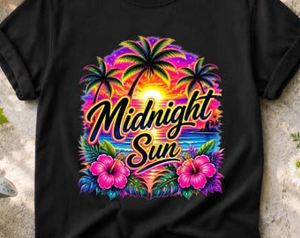 Vintage Midnight Sun Tropical PNG, Hibicus Tropical Beach Design, Summer Vacation Png, Beach Sunset Hibicus Flower Tee Png, Digital Download