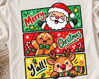 Merry Christmas Y’all PNG, Santa Gingerbread Reindeer Design, Retro Christmas Sublimation, Cute Christmas Shirt PNG, Digital Download