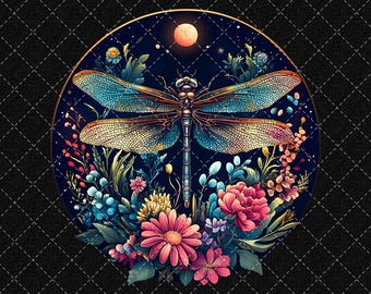 Cottagecore Libelle PNG: Blumen Mond Garten Digital Download