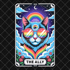 Carta de tarot de gato aliado, Mes del Orgullo Gay, LGBT, Arcoíris, Orgullo LGBT, Festival Gay, Descarga digital