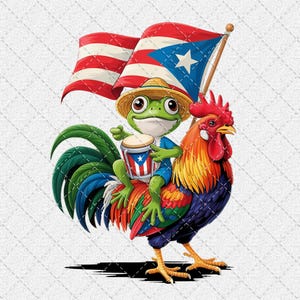 Può includere: Un'illustrazione stravagante presenta una rana verde con un cappello di paglia e una camicia blu, in sella a un gallo colorato. La rana tiene in mano un tamburo con il disegno della bandiera portoricana, e due bandiere sventolano sullo sfondo.